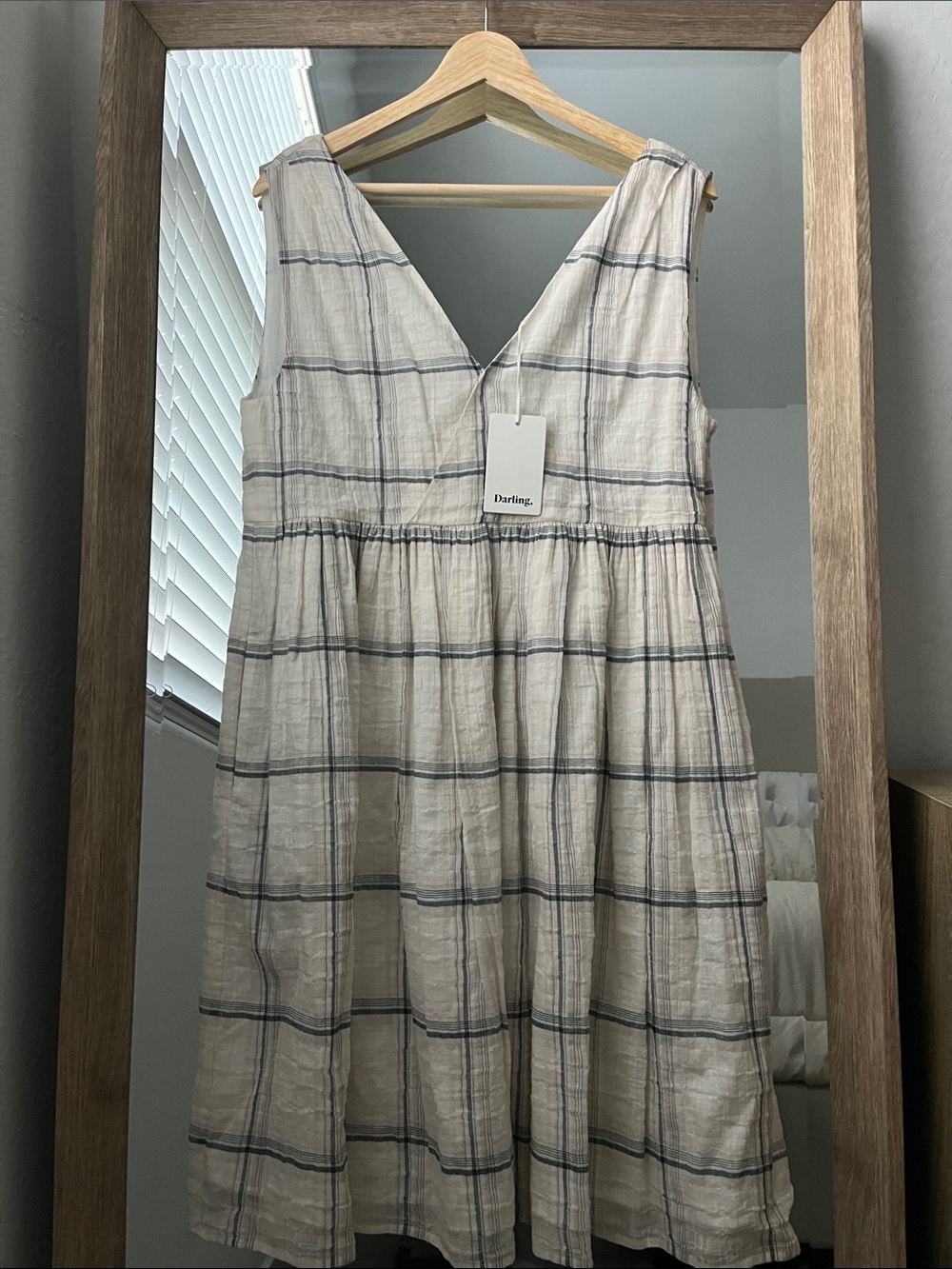 Darling Cream and Navy Plaid Sleeveless V-Neck Dress Small